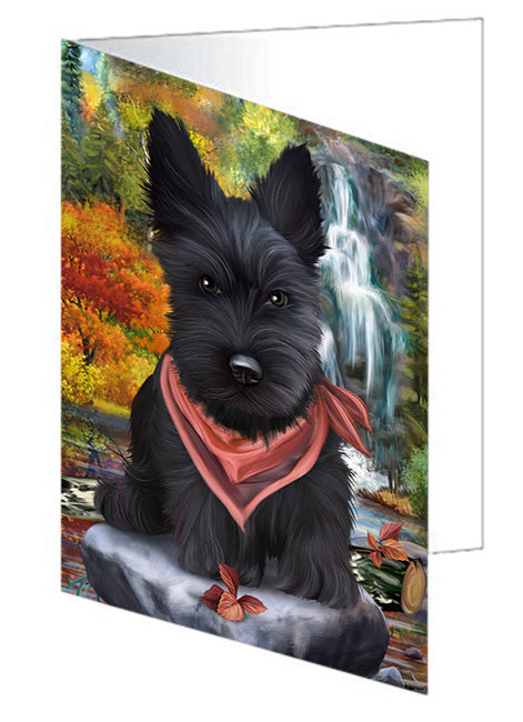Scenic Waterfall Scottish Terrier Dog Handmade Artwork Assorted Pets Greeting Cards and Note Cards with Envelopes for All Occasions and Holiday Seasons GCD52535