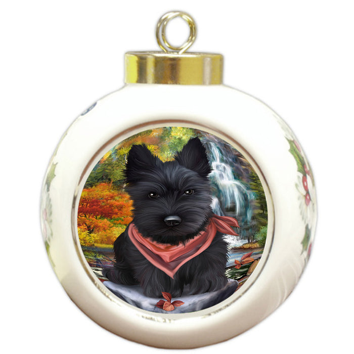 Scenic Waterfall Scottish Terrier Dog Round Ball Christmas Ornament RBPOR49536
