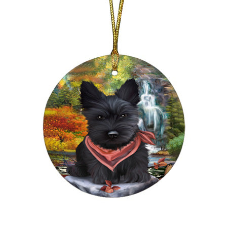 Scenic Waterfall Scottish Terrier Dog Round Flat Christmas Ornament RFPOR49527
