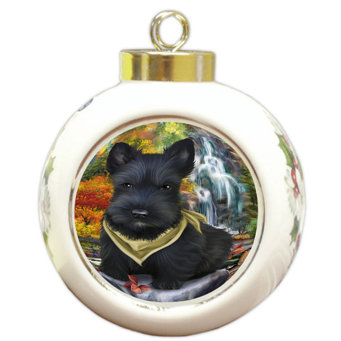 Scenic Waterfall Scottish Terrier Dog Round Ball Christmas Ornament RBPOR49537