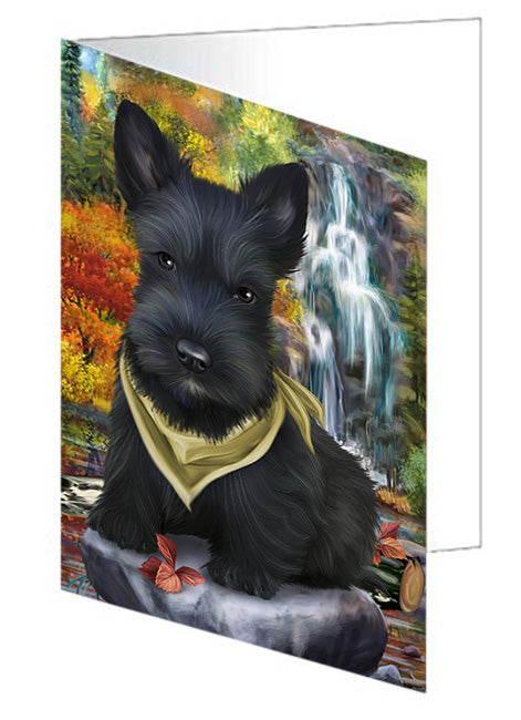 Scenic Waterfall Scottish Terrier Dog Handmade Artwork Assorted Pets Greeting Cards and Note Cards with Envelopes for All Occasions and Holiday Seasons GCD52538