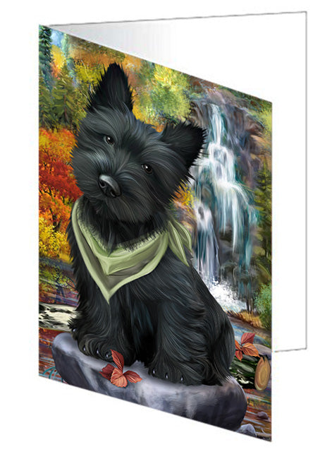 Scenic Waterfall Scottish Terrier Dog Handmade Artwork Assorted Pets Greeting Cards and Note Cards with Envelopes for All Occasions and Holiday Seasons GCD52541
