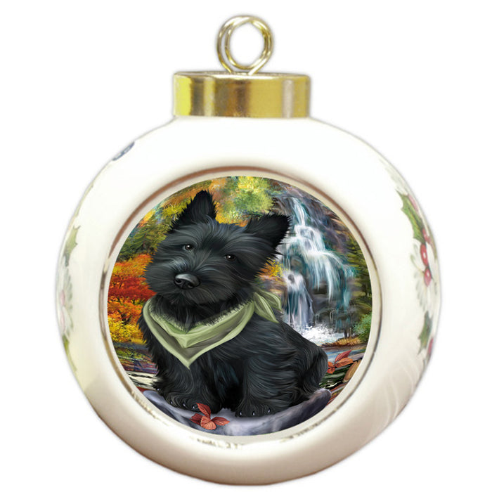 Scenic Waterfall Scottish Terrier Dog Round Ball Christmas Ornament RBPOR49538