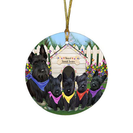 Spring Dog House Scottish Terriers Dog Round Flat Christmas Ornament RFPOR50119