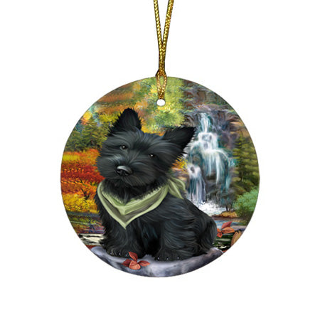 Scenic Waterfall Scottish Terrier Dog Round Flat Christmas Ornament RFPOR49529