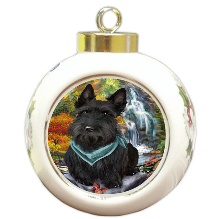 Scenic Waterfall Scottish Terrier Dog Round Ball Christmas Ornament RBPOR49539