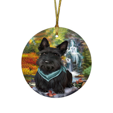 Scenic Waterfall Scottish Terrier Dog Round Flat Christmas Ornament RFPOR49530
