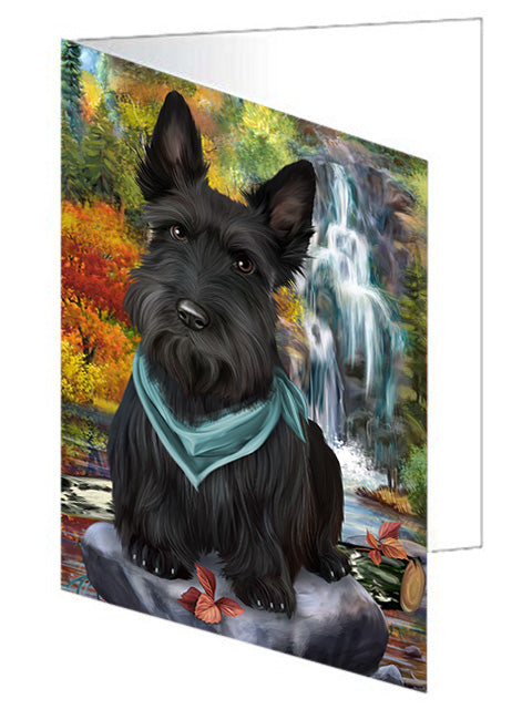 Scenic Waterfall Scottish Terrier Dog Handmade Artwork Assorted Pets Greeting Cards and Note Cards with Envelopes for All Occasions and Holiday Seasons GCD52544