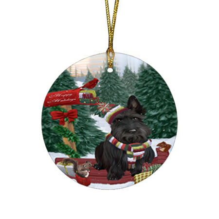 Merry Christmas Woodland Sled Scottish Terrier Dog Round Flat Christmas Ornament RFPOR55380