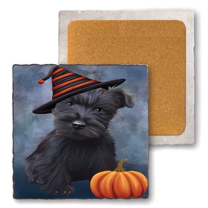 Happy Halloween Scottish Terrier Dog Wearing Witch Hat with Pumpkin Set of 4 Natural Stone Marble Tile Coasters MCST49925