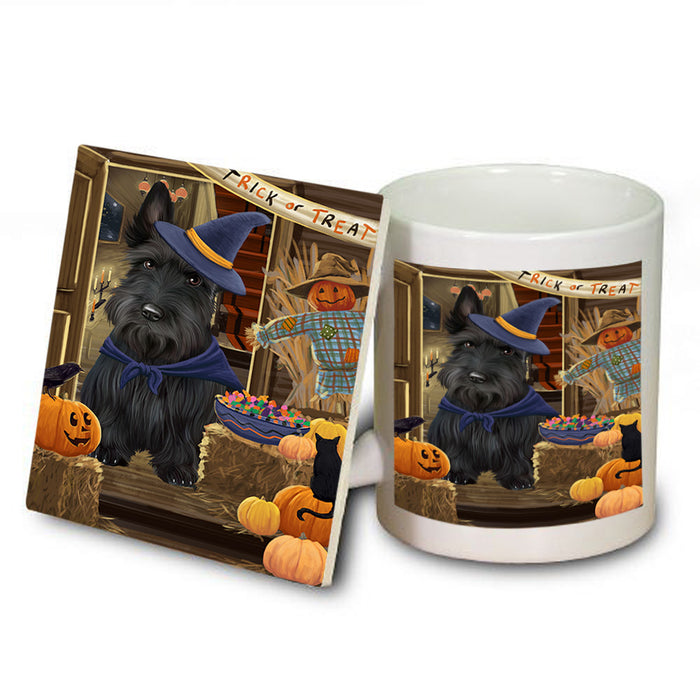Enter at Own Risk Trick or Treat Halloween Scottish Terrier Dog Mug and Coaster Set MUC53261