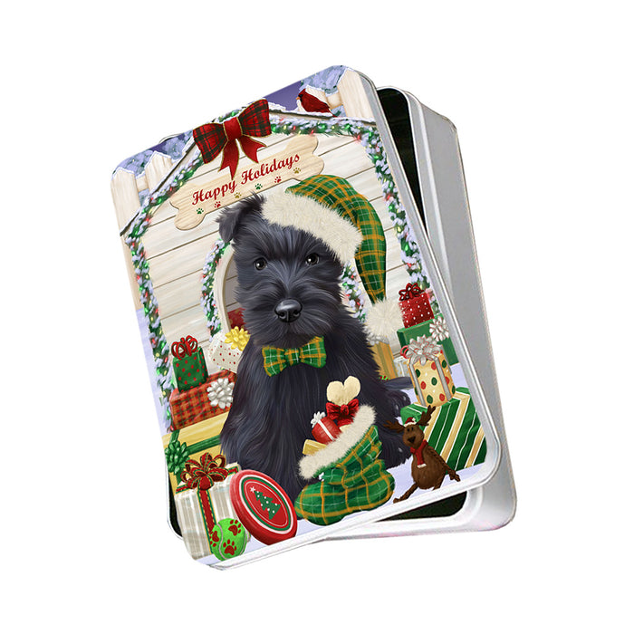 Happy Holidays Christmas Scottish Terrier Dog House With Presents Photo Storage Tin PITN51492