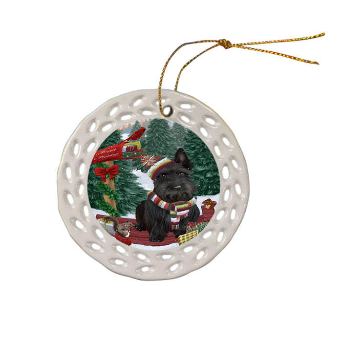 Merry Christmas Woodland Sled Scottish Terrier Dog Ceramic Doily Ornament DPOR55380