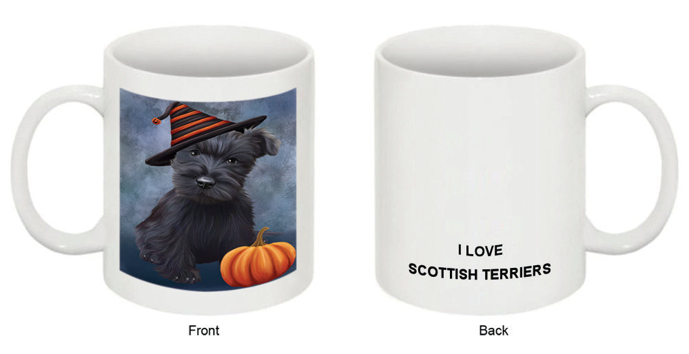 Happy Halloween Scottish Terrier Dog Wearing Witch Hat with Pumpkin Coffee Mug MUG50323