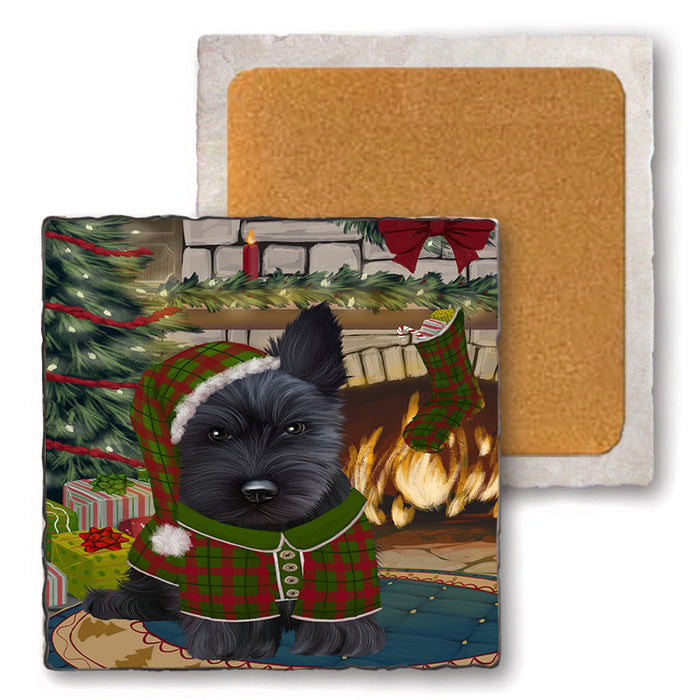 The Stocking was Hung Scottish Terrier Dog Set of 4 Natural Stone Marble Tile Coasters MCST50602
