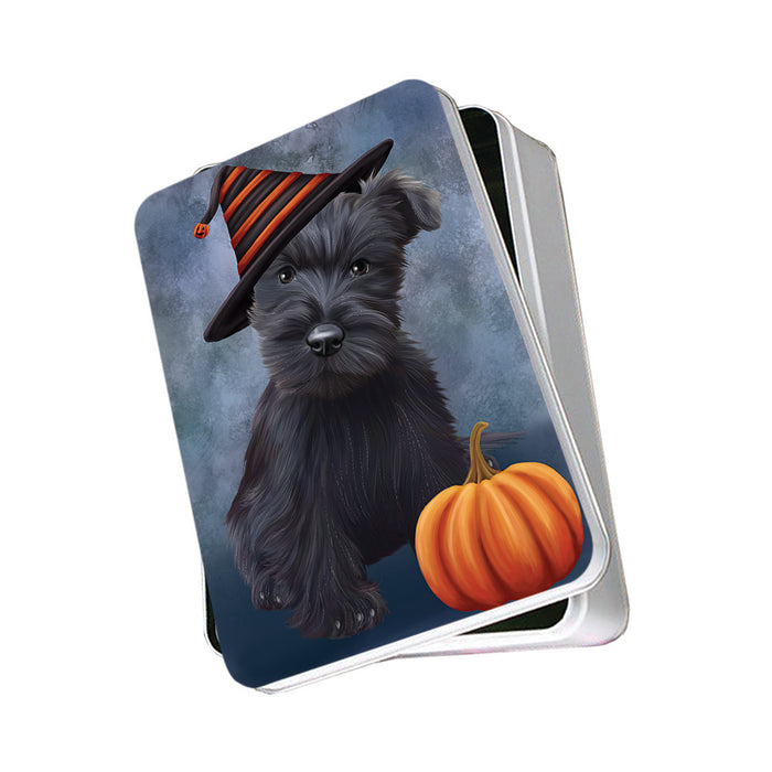 Happy Halloween Scottish Terrier Dog Wearing Witch Hat with Pumpkin Photo Storage Tin PITN54868