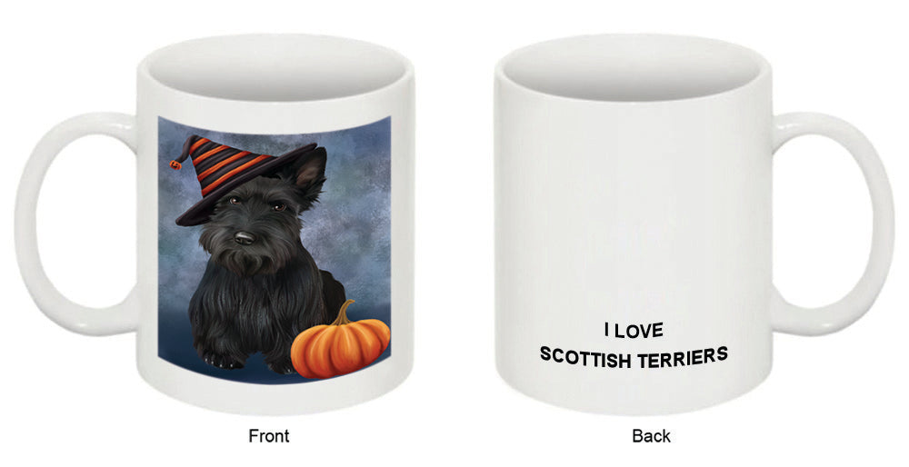 Happy Halloween Scottish Terrier Dog Wearing Witch Hat with Pumpkin Coffee Mug MUG50324