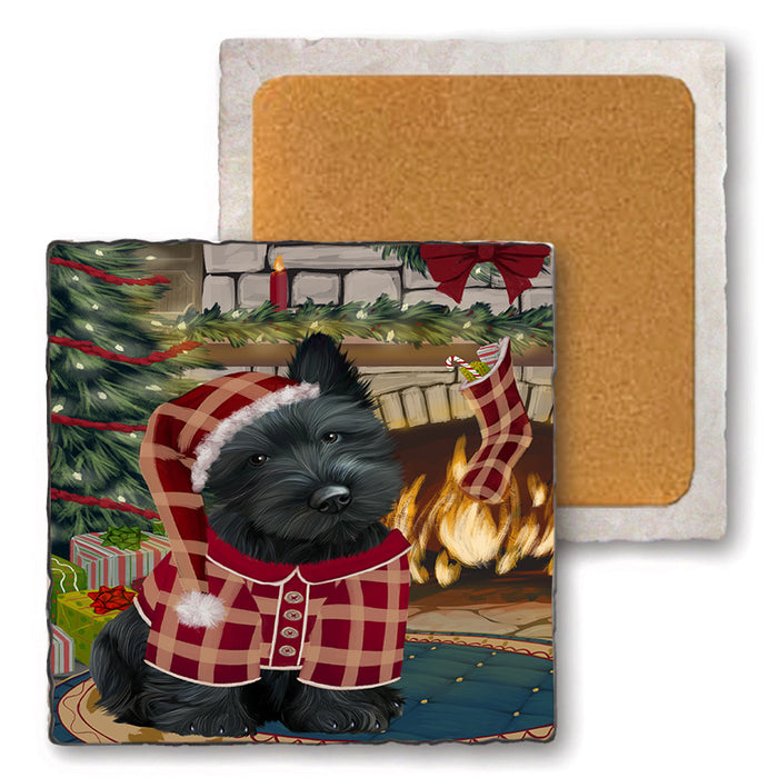 The Stocking was Hung Scottish Terrier Dog Set of 4 Natural Stone Marble Tile Coasters MCST50603