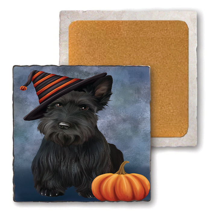 Happy Halloween Scottish Terrier Dog Wearing Witch Hat with Pumpkin Set of 4 Natural Stone Marble Tile Coasters MCST49926
