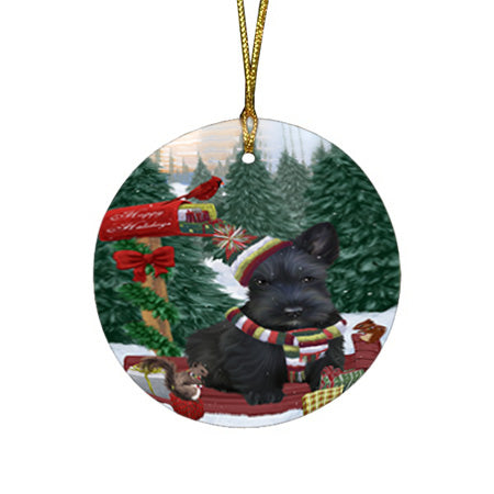 Merry Christmas Woodland Sled Scottish Terrier Dog Round Flat Christmas Ornament RFPOR55381