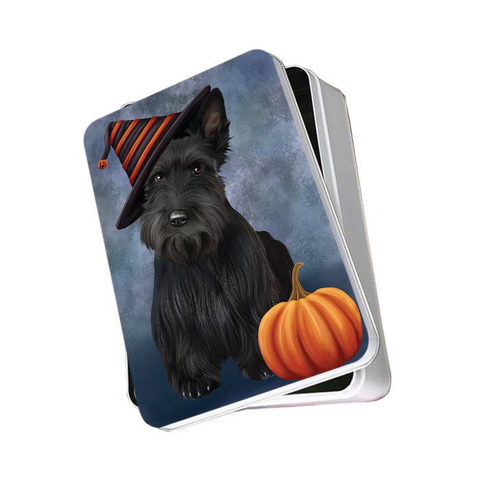 Happy Halloween Scottish Terrier Dog Wearing Witch Hat with Pumpkin Photo Storage Tin PITN54869
