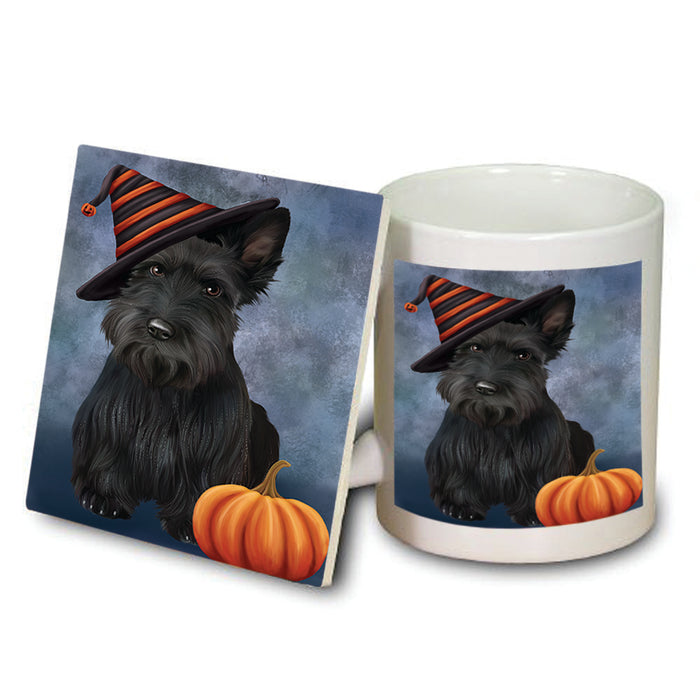 Happy Halloween Scottish Terrier Dog Wearing Witch Hat with Pumpkin Mug and Coaster Set MUC54918