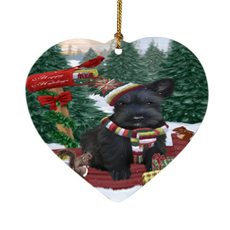 Merry Christmas Woodland Sled Scottish Terrier Dog Heart Christmas Ornament HPOR55381