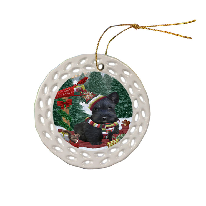 Merry Christmas Woodland Sled Scottish Terrier Dog Ceramic Doily Ornament DPOR55381