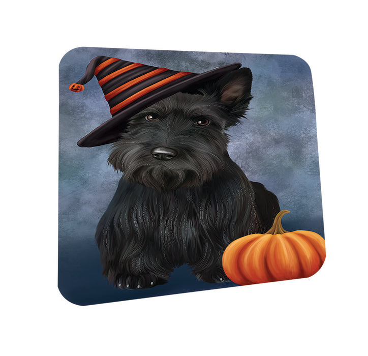 Happy Halloween Scottish Terrier Dog Wearing Witch Hat with Pumpkin Coasters Set of 4 CST54884