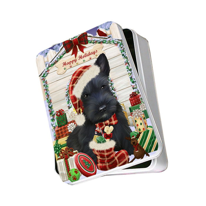 Happy Holidays Christmas Scottish Terrier Dog House With Presents Photo Storage Tin PITN51494