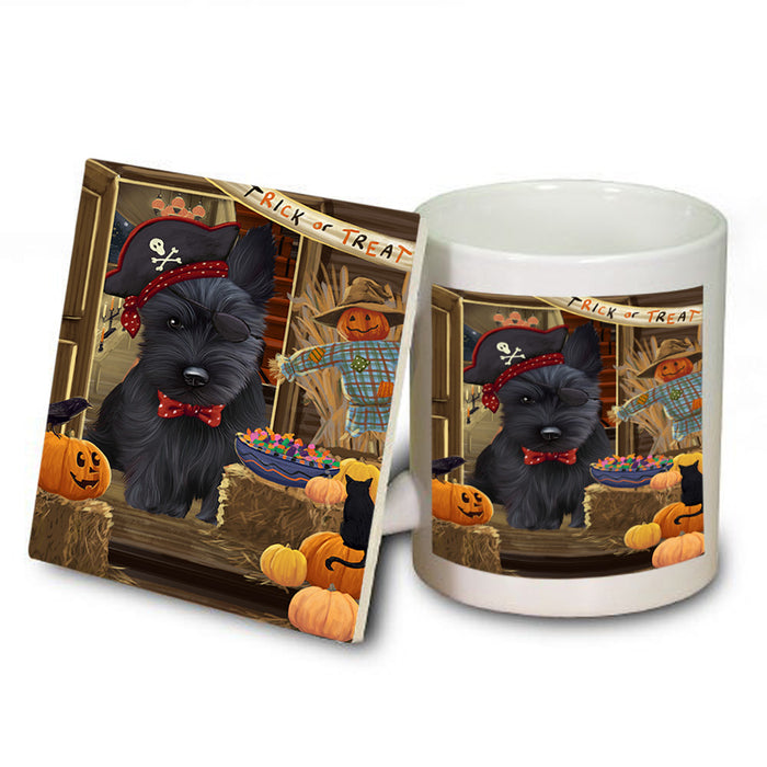 Enter at Own Risk Trick or Treat Halloween Scottish Terrier Dog Mug and Coaster Set MUC53263