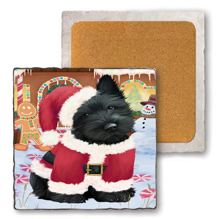 Christmas Gingerbread House Candyfest Scottish Terrier Dog Set of 4 Natural Stone Marble Tile Coasters MCST51538