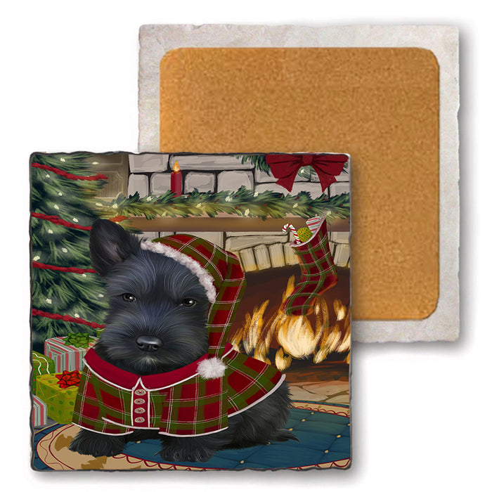 The Stocking was Hung Scottish Terrier Dog Set of 4 Natural Stone Marble Tile Coasters MCST50605