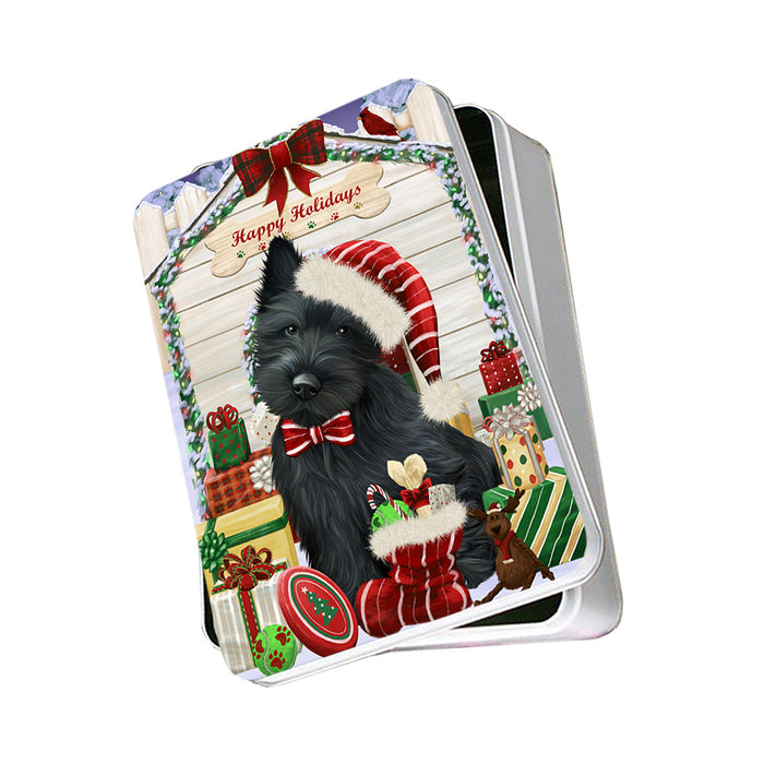 Happy Holidays Christmas Scottish Terrier Dog House With Presents Photo Storage Tin PITN51495