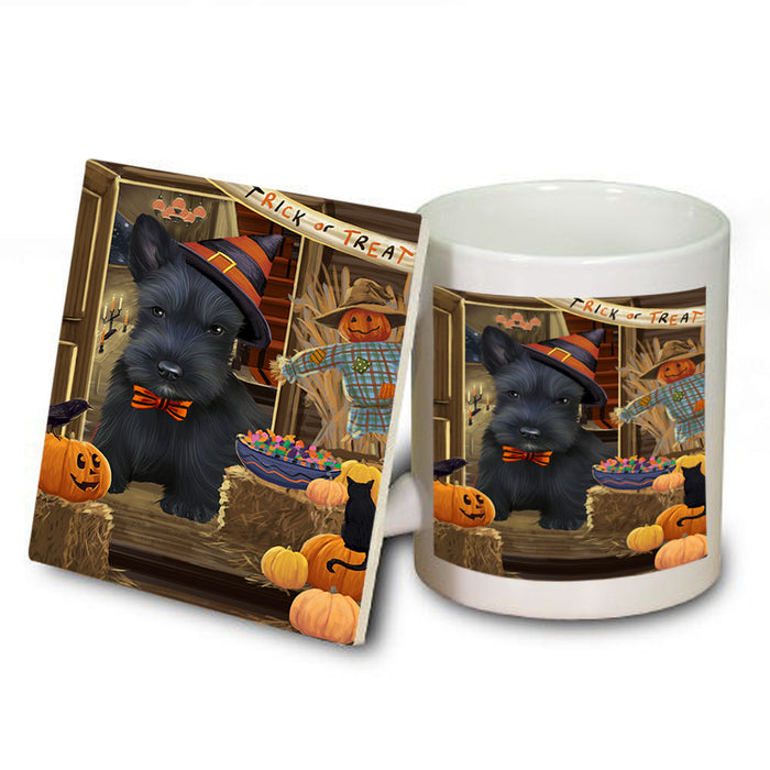 Enter at Own Risk Trick or Treat Halloween Scottish Terrier Dog Mug and Coaster Set MUC53265