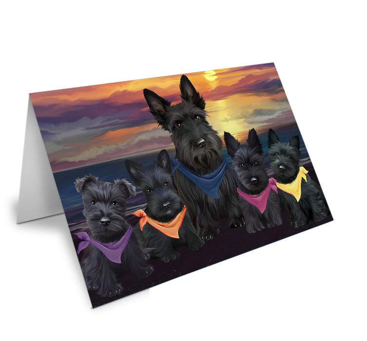 Family Sunset Portrait Scottish Terriers Dog Handmade Artwork Assorted Pets Greeting Cards and Note Cards with Envelopes for All Occasions and Holiday Seasons GCD54863