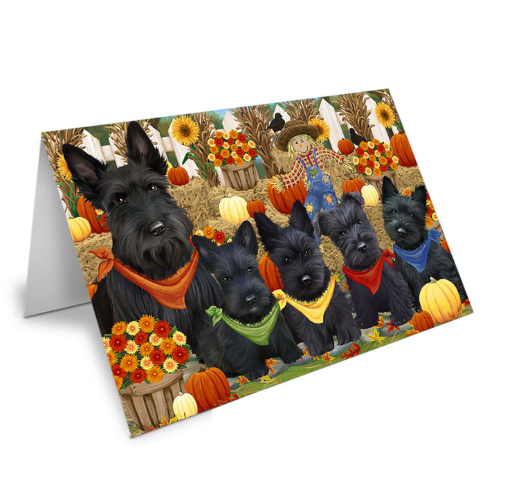 Fall Festive Gathering Scottish Terriers Dog with Pumpkins Handmade Artwork Assorted Pets Greeting Cards and Note Cards with Envelopes for All Occasions and Holiday Seasons GCD56435