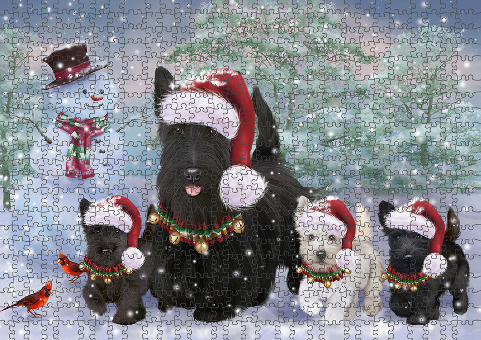 Christmas Running Family Scottish Terrier Dogs Puzzle with Photo Tin PUZ97316