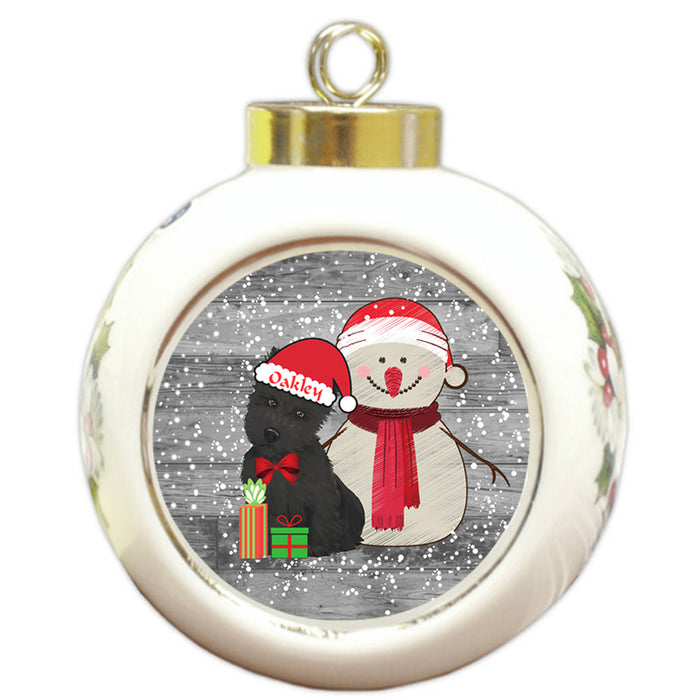 Custom Personalized Snowy Snowman and Scottish Terrier Dog Christmas Round Ball Ornament
