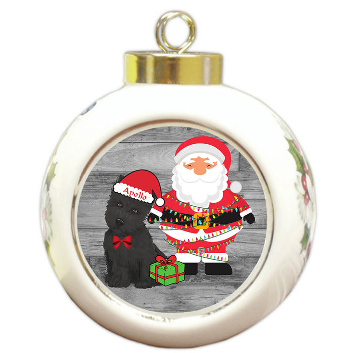 Custom Personalized Scottish Terrier Dog With Santa Wrapped in Light Christmas Round Ball Ornament