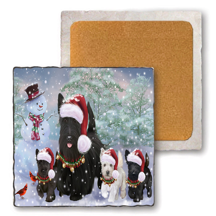 Christmas Running Family Scottish Terrier Dogs Set of 4 Natural Stone Marble Tile Coasters MCST52136