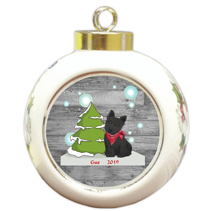 Custom Personalized Winter Scenic Tree and Presents Scottish Terrier Dog Christmas Round Ball Ornament