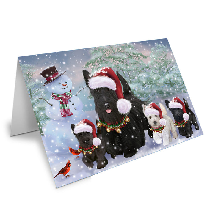 Christmas Running Family Scottish Terrier Dogs Handmade Artwork Assorted Pets Greeting Cards and Note Cards with Envelopes for All Occasions and Holiday Seasons GCD75302