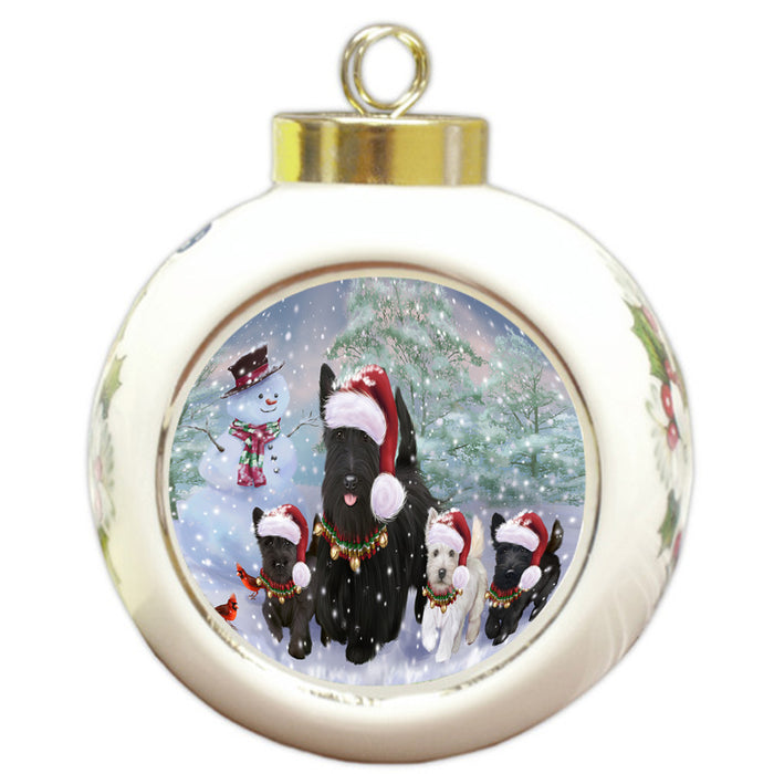 Christmas Running Family Scottish Terrier Dogs Round Ball Christmas Ornament RBPOR58263
