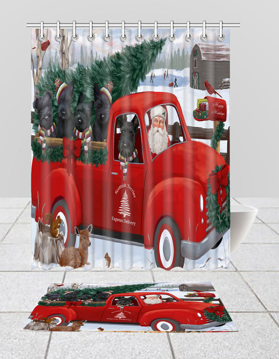 Christmas Santa Express Delivery Red Truck Scottish Terrier Dogs Bath Mat and Shower Curtain Combo