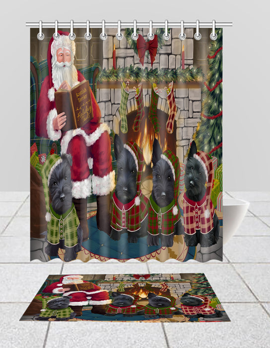 Christmas Cozy Holiday Fire Tails Scottish Terrier Dogs Bath Mat and Shower Curtain Combo