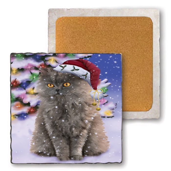 Winterland Wonderland Selkirk Rex Cat In Christmas Holiday Scenic Background Set of 4 Natural Stone Marble Tile Coasters MCST50722