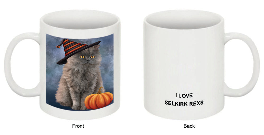 Happy Halloween Selkirk Rex Cat Wearing Witch Hat with Pumpkin Coffee Mug MUG50203