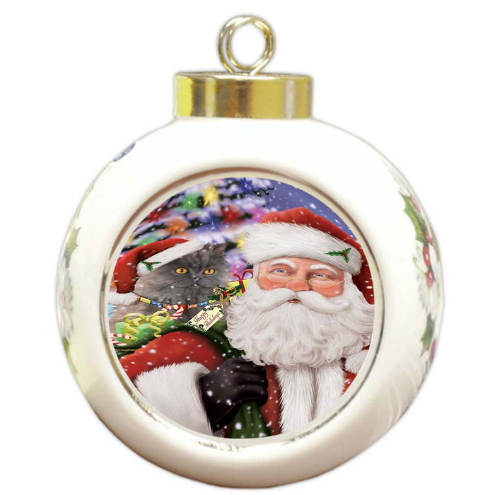Santa Carrying Selkirk Rex Cat and Christmas Presents Round Ball Christmas Ornament RBPOR55881