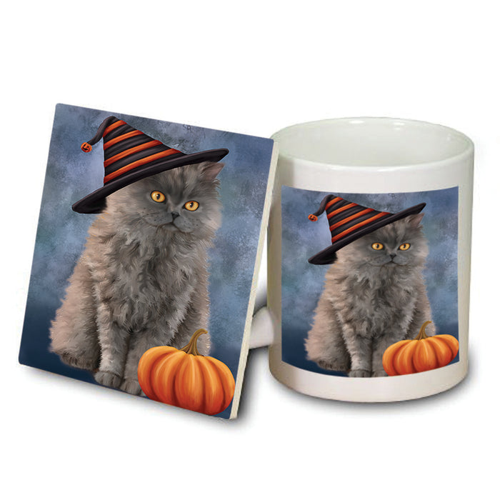 Happy Halloween Selkirk Rex Cat Wearing Witch Hat with Pumpkin Mug and Coaster Set MUC54797